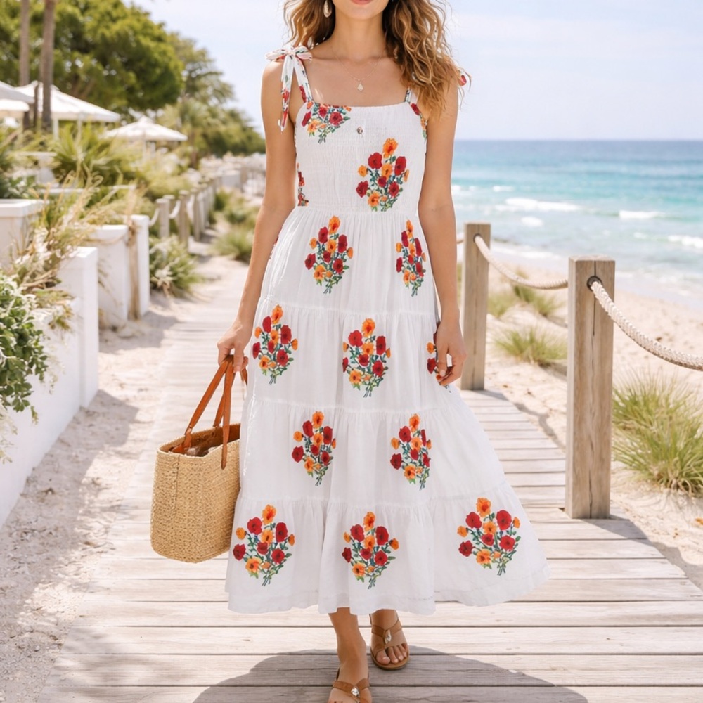 Victoria Dunn King Street Posies Floral Maxi Dress Cotton White Orange Pink XL